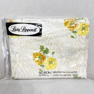 Vintage 60s 70's Lady Pepperell Twin Fitted Flat Sheet Yellow Floral Flowers